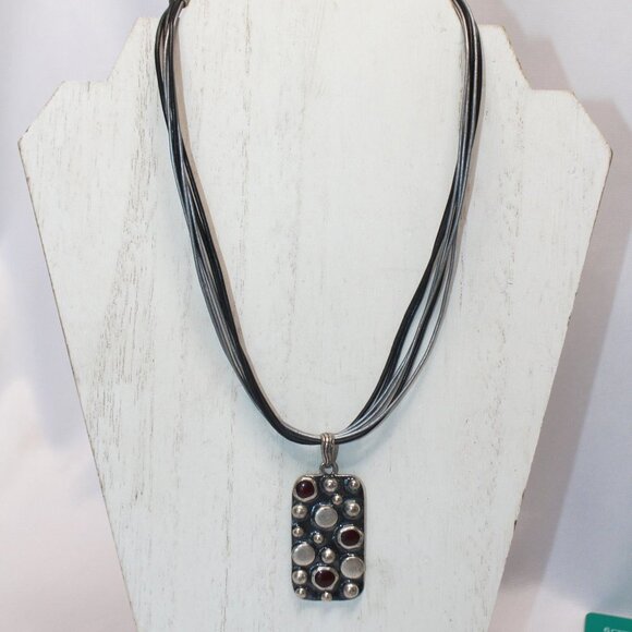 Chico's Melatlic Modern Art and Garnet Medalion Necklace - Picture 1 of 10